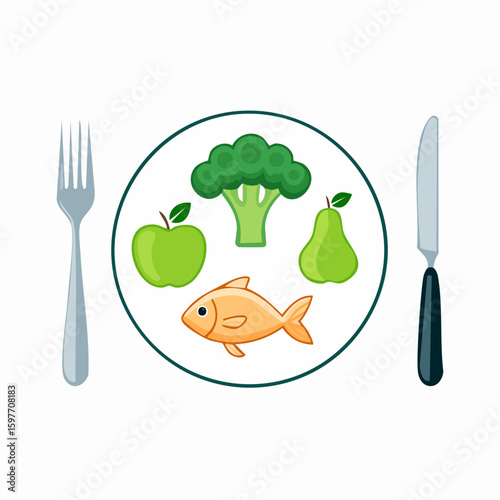 Healthy eating plate illustration with fish, apple, and broccoli icons
