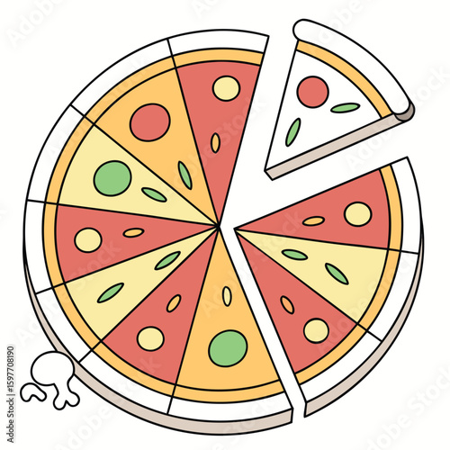 A delicious Italian pizza slice vector illustration with melty cheese, pepperoni, and fresh tomato, perfect for a fast snack or hot dinner
