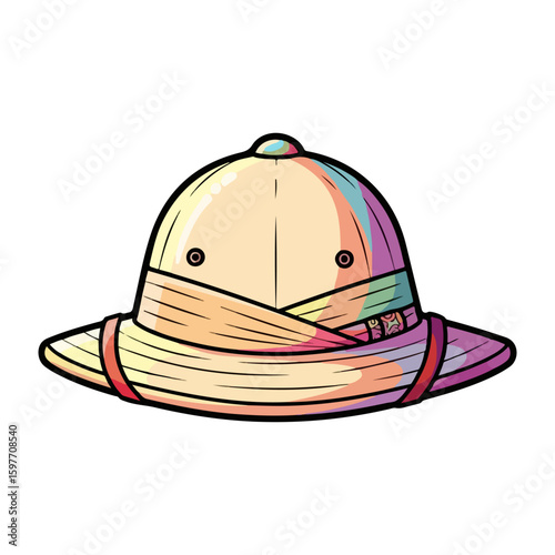 Safari hat cartoon, colored cartoon with line art and white background. AI generated image.