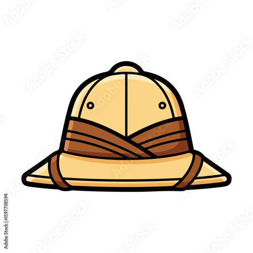 Safari hat cartoon, colored cartoon with line art and white background. AI generated image.