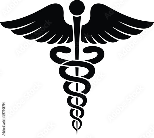 A black caduceus symbol with wings on a white background in a simple design