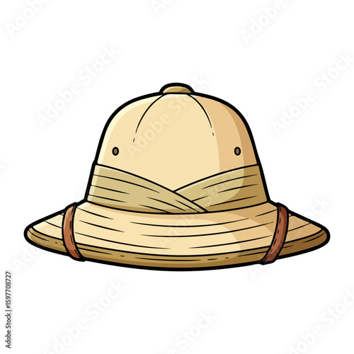Safari hat cartoon, colored cartoon with line art and white background. AI generated image.