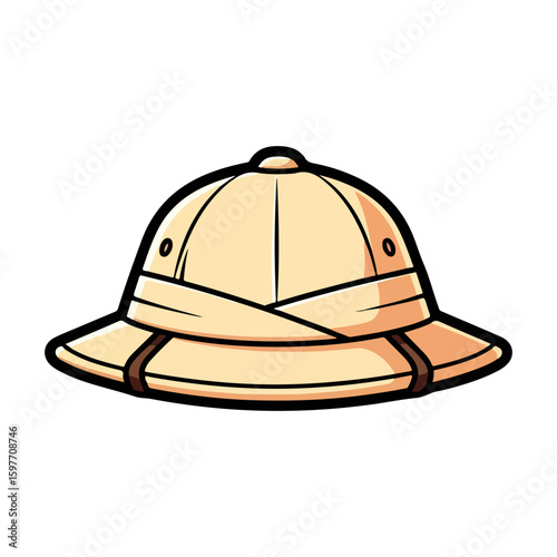 Safari hat cartoon, colored cartoon with line art and white background. AI generated image.