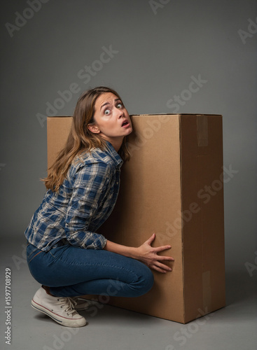 Young woman with a frightened and surprised look on her face unsuccessfully tries to lift a huge heavy box.
