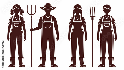 Farmers with pitchforks and hat overalls boots