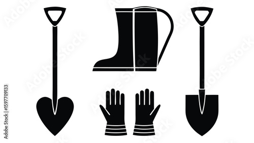 Gardening tools shovels boots gloves spade