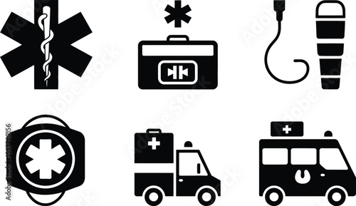 A collection of six black and white medical icons arranged in two rows of three