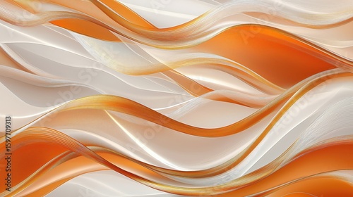 An abstract flowing wave pattern of warm orange and cool white tones with metallic gold highlights. 