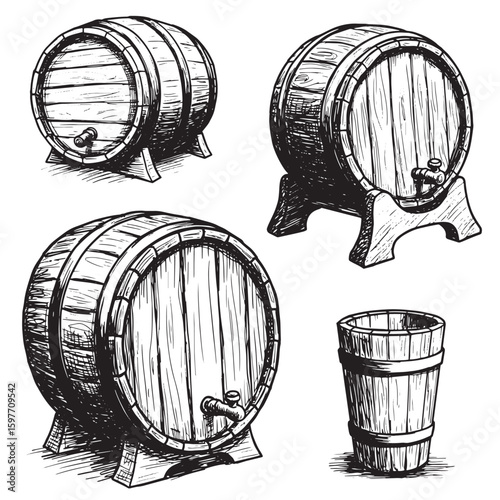 Hand drawn vintage beer barrels and wooden bucket illustration in black and white