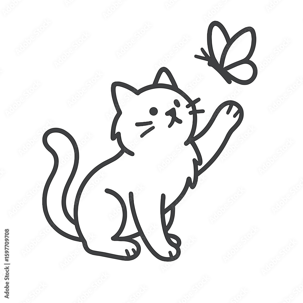 Cat playfully reaching for a butterfly in a simple line drawing Cat playfully reaching for a butterfly in a simple line drawing