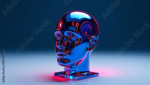 3D Render of a Blue Translucent Glassy Human Head Floating in Empty Space Symbolizing Consciousness and AI