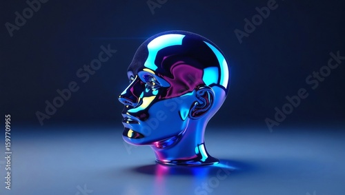 3D Render of a Blue Translucent Glassy Human Head Floating in Empty Space Symbolizing Consciousness and AI