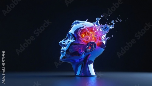 Abstract 3D Sculpture of a Minimalist Human Head Fusing with a Stylized Bomb in Stark Pure Blue High-Gloss Finish