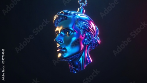 Abstract 3D Sculpture of a Minimalist Human Head Fusing with a Stylized Bomb in Stark Pure Blue High-Gloss Finish