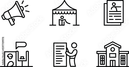A set of six black line icons depicting a megaphone, a tent, and a building icon set