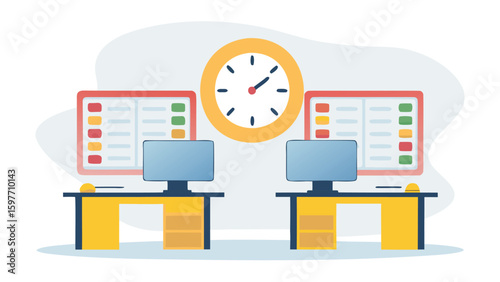 Illustration of two desks with computers and boards under a clock on a white background