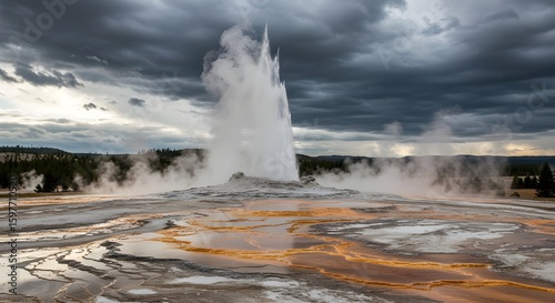 Yellowstone Geysers with Dramatic Clouds – Spectacular Geothermal Wonders, Vibrant Landscapes, and Majestic Skies in America’s Iconic National Park