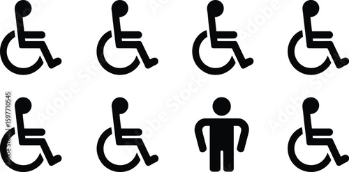 Eight black accessibility icons with seven wheelchair symbols and one person icon