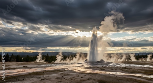 Wallpaper Mural Yellowstone Geysers with Dramatic Clouds – Spectacular Geothermal Wonders, Vibrant Landscapes, and Majestic Skies in America’s Iconic National Park Torontodigital.ca
