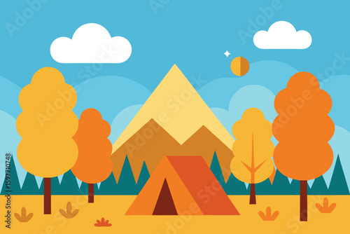 Autumn camping landscape with a tent, mountains, and trees in a flat vector style.