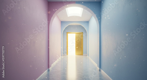 A long hallway with arched doorways and a bright light shining from an open golden door
