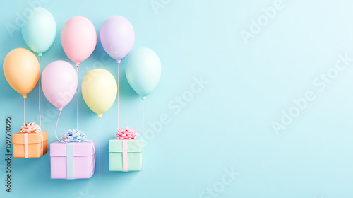 Happy birthday banner background with pastel-colored balloons and gifts on a light blue wall, in a minimalistic style, with free space for text in the center.