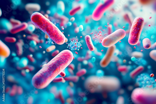 A vibrant pink pill filled with beneficial probiotics and microscopic microbe organisms, set against a calming blue background, symbolizing gut health