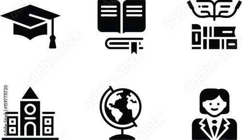 A set of education icons including graduation cap, books, globe, and teacher
