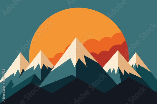 Retro Mountain Landscape Sunset Illustration Art Print Graphic Design