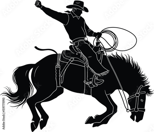 Silhouette illustration of a cowboy riding a bucking bronco with a lasso on a white background