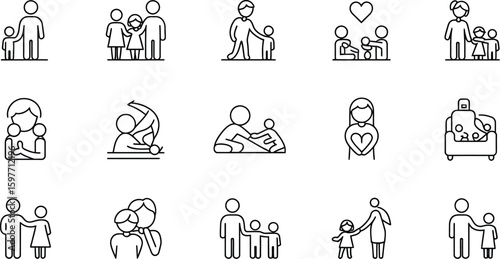 Collection of family and parenthood icons in outline style on a white background