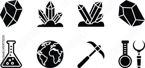 A collection of geology related icons including crystals earth and lab equipment