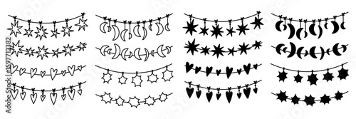 Garland of flags. Hand-drawn illustration with festive elements. Stars, moon, hearts. Linear, flat set of flags of different shapes on string. Hanging flags. Festive decoration. black outline and fill