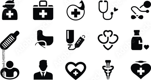 A collection of various medical icons in black and white vector illustration