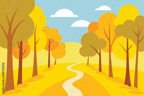 Cartoon illustration of a winding path through a golden autumn forest