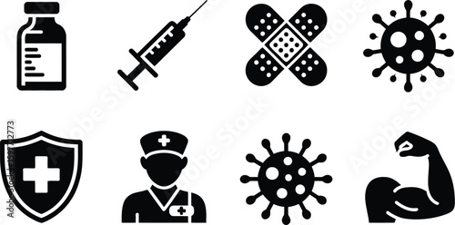Black and white icons depicting healthcare, virus, and physical strength symbols