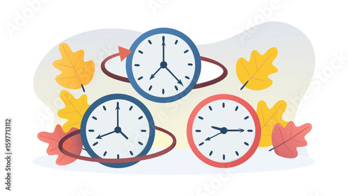 Three clocks with different times surrounded by autumn leaves and circular arrows design
