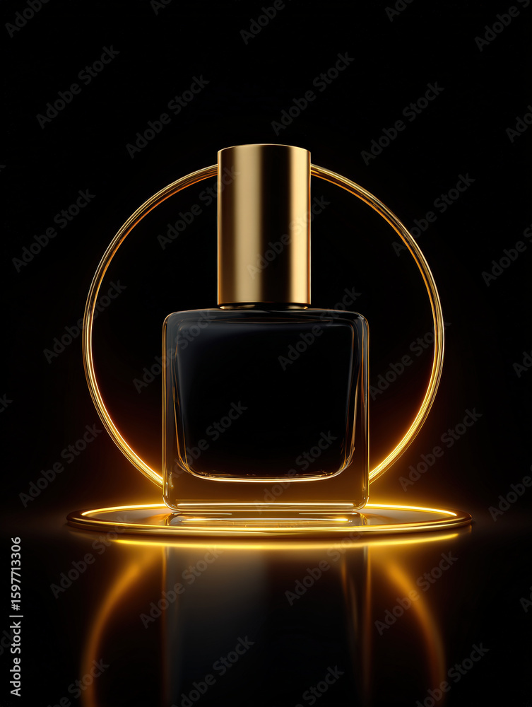 Sleek and elegant nail polish bottle is showcased against black background, illuminated by warm golden glow that highlights its luxurious design. minimalist aesthetic emphasizes sophistication Sleek and elegant nail polish bottle is showcased against black background, illuminated by warm golden glow that highlights its luxurious design. minimalist aesthetic emphasizes sophistication