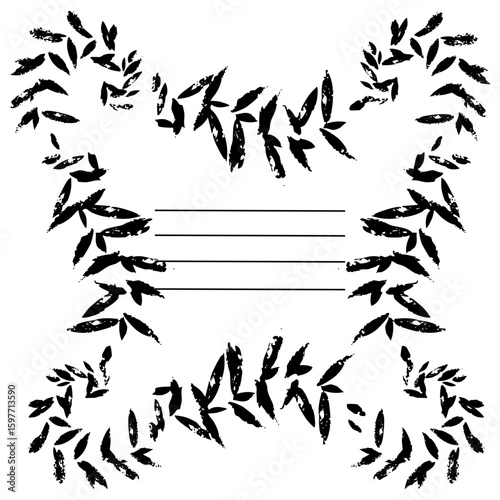 Abstract frame made of small branches with poorly printed leaves, with a worn-out print, grunge. Vector illustration with stripes for writing. Template for notebooks and sketchbooks as the main page