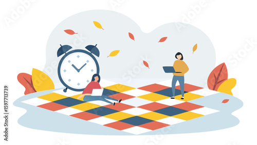 Two people using laptops on a checkered surface with a clock and falling leaves around them