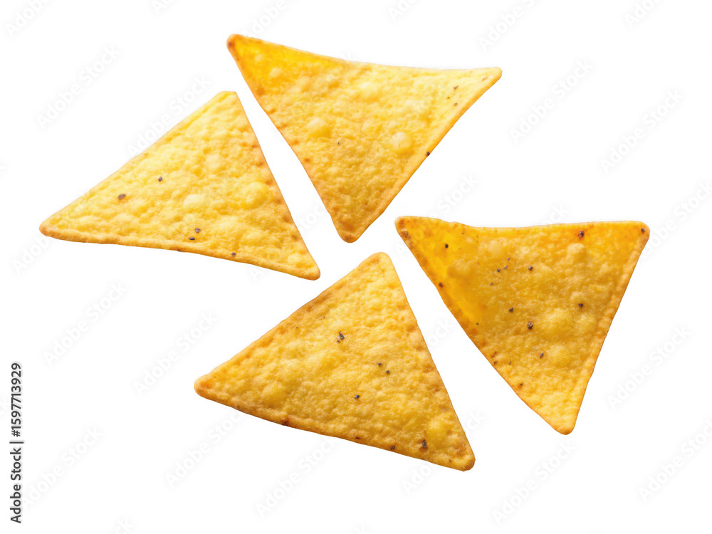 Four golden yellow tortilla chips arranged in a pattern isolated on transparent background Four golden yellow tortilla chips arranged in a pattern isolated on transparent background