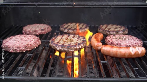 Hot grill cooking burgers and sausage