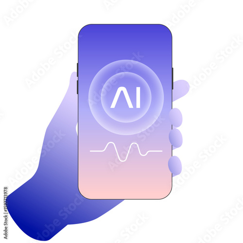 AI Assistant App Interface of AI Chatbot with hand for Artificial Intelligence Concepts, Abstract circle automation voice icon on smartphone. Futuristic innovation technology gradient backgrounds.