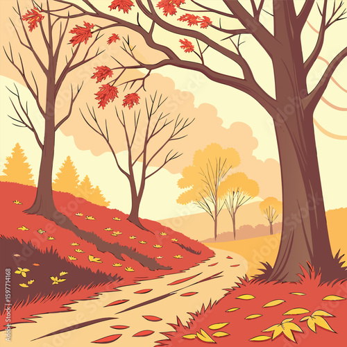 Autumn landscape design with trees and falling leaves, a vibrant nature illustration capturing the essence of the fall season