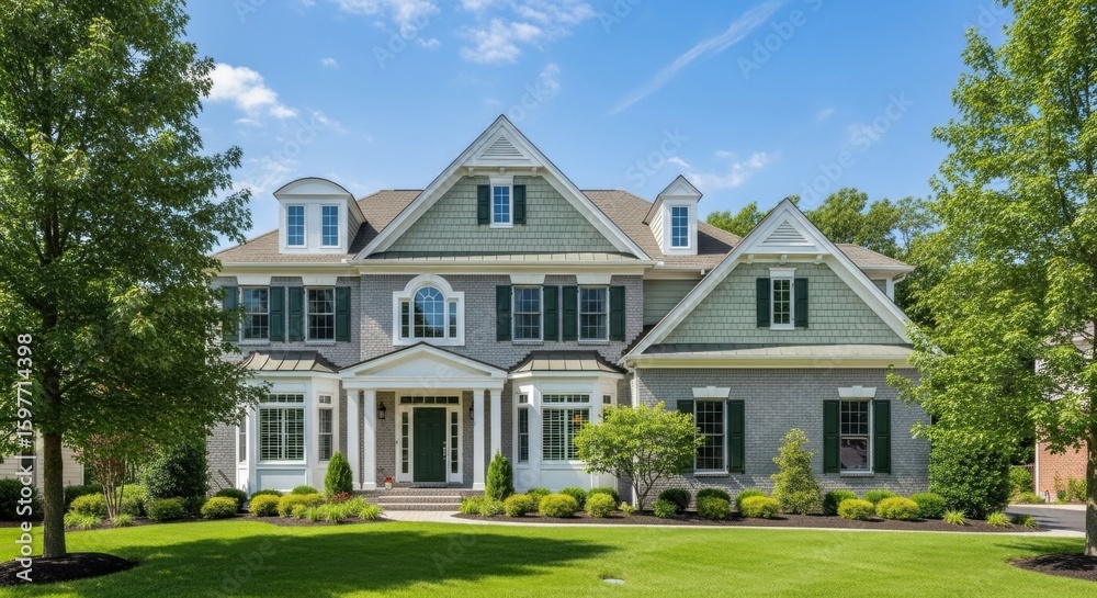 Obraz premium Grand Suburban Home: Gray Brick Facade, Green Shutters, Lush Lawn, Blue Sky