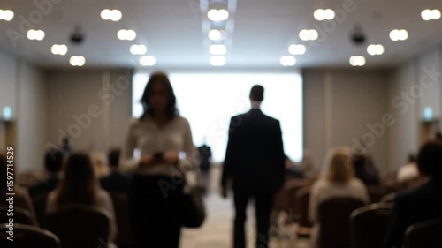 Professional event attendees with blurred background in a meeting hall, 4K Resolution