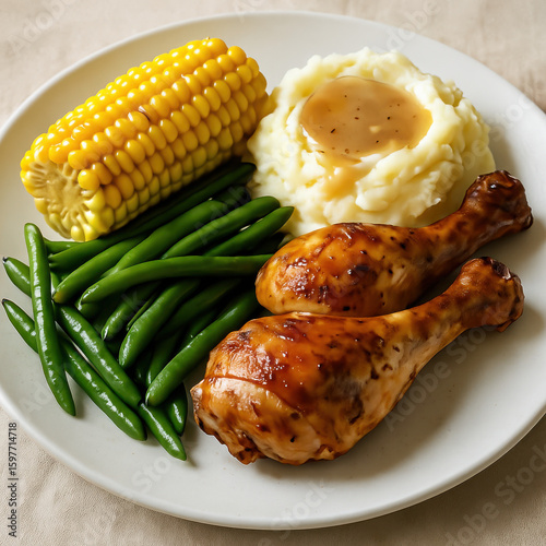 Classic American dinner plate with barbecue chicken drumsticks mashed potatoes green beans and corn on the cob in comfort food presentation