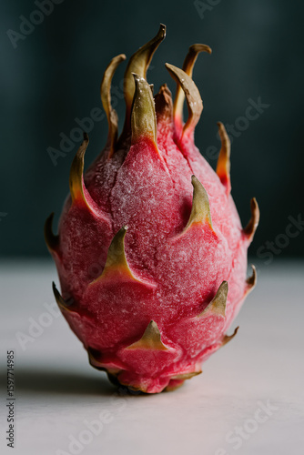 Fresh ripe dragon fruit with pink skin and green tips on neutral background in tropical exotic food photography