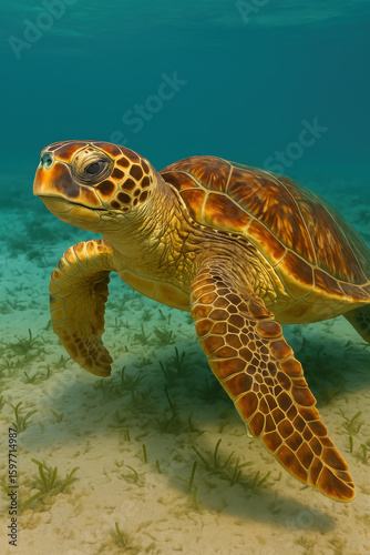 Sea turtle swimming in shallow clear ocean water over sandy seabed with vibrant shell and flippers in underwater wildlife scene