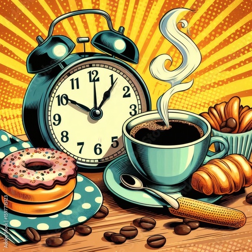 alarm clock morning ring alert alarm reminder pop pop-art art cartoon retro poster breakfast coffee cup